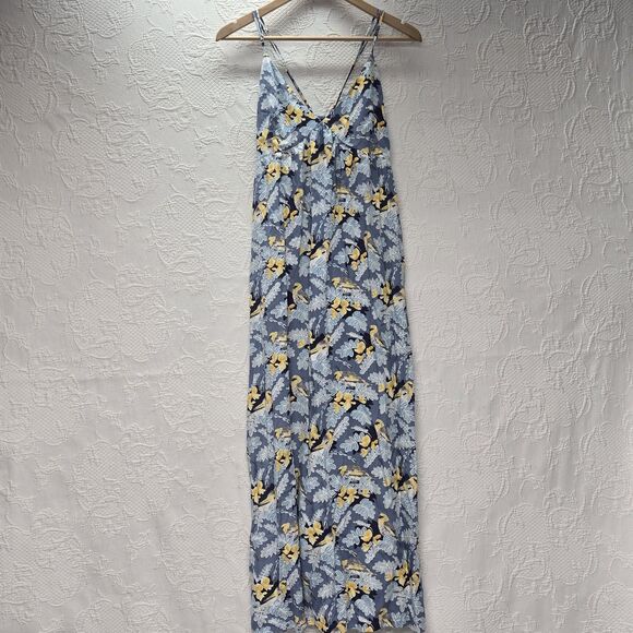 Patagonia Pataloha Strappy Blue Palila Tropical Bird Forest Maxi Dress Medium NW - Picture 1 of 12